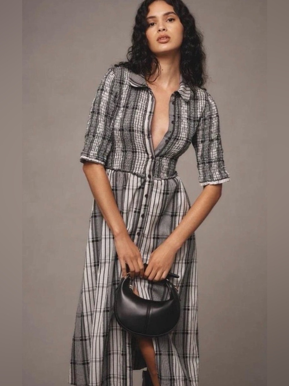 Maeve Anthropologie Black and White Plaid Button-Front Dress Classic Quiet Lux - Picture 2 of 9